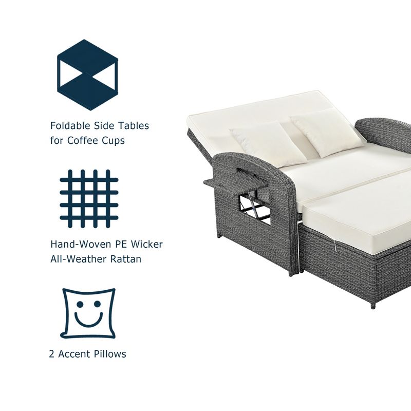 Patio PE Rattan Double Chaise Lounge, Reclining Daybed with Adjustable Back and Cushions-ModernLuxe, 5 of 13