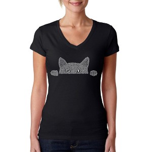 LA Pop Art Women's Word Art V-Neck T-Shirt - Peeking Cat - 1 of 4