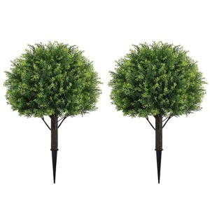 poetree 24" Artificial Topiary Ball Trees Fake Shrubs Bushes with Ground Spike Fake Plants for Front Porch Garden - 1 of 4