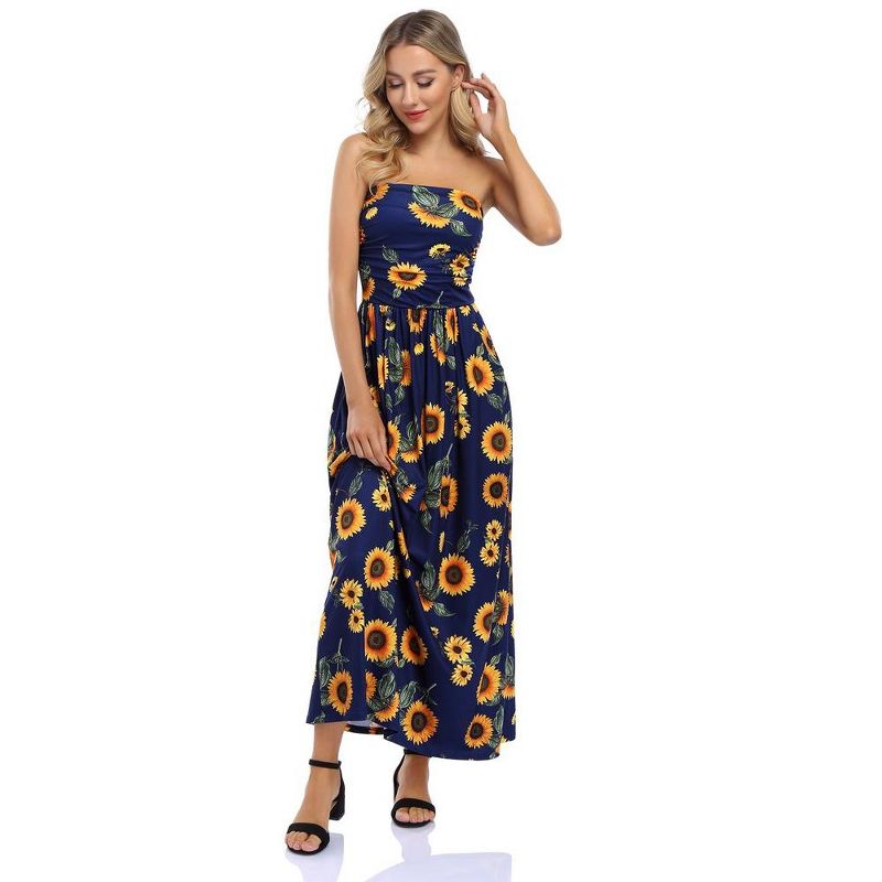 Women Strapless Floral Print Bohemian Boho Maxi Dress Casual Off Shoulder Beach Party Dress with Pockets, 3 of 7