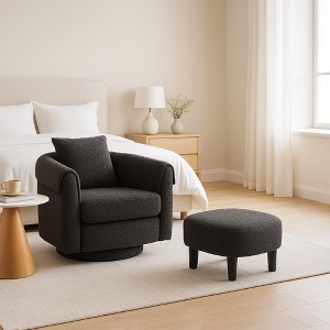 Kumasinova 360° Swivel Accent Chair with Ottoman Set,Chenille Barrel Armchair with Removable Back Pillow,2 Armrest Covers for Living Room,Bedroom - 1 of 4