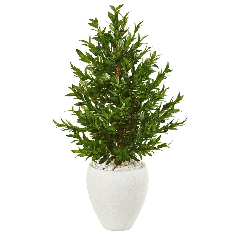 Nearly Natural 3.5-ft Olive Cone Topiary Artificial Tree in White Planter (Indoor/Outdoor), 1 of 2