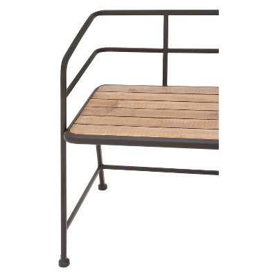 Industrial Black Metal and Brown Wood Slat Bench