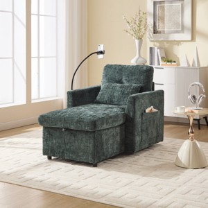 Multifunctional Chenille Chaise Lounge Recliner with Hidden Storage, Adjustable Phone Holder & Side Pockets for Small Spaces-3irtyhousy - 1 of 4