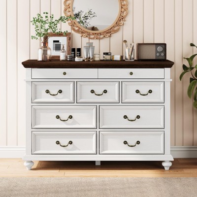 Farmhouse 9-Drawer Dresser, 47" Wide Rustic Wood Chest with Metal Handles, Vintage Storage Organizer for Bedroom or Living Room