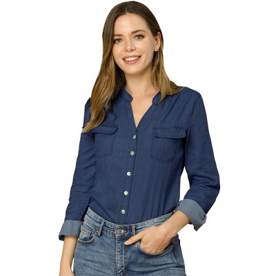 Allegra K Women's Denim Split Neck Chest Pocket Long Sleeve Jean Button Down Shirt