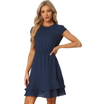 Allegra K Women's Work Ruffle Hem Cap Sleeve High Waist A-Line Layered Midi Dress