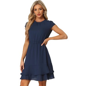 Allegra K Women's Work Ruffle Hem Cap Sleeve High Waist A-Line Layered Midi Dress - 1 of 4