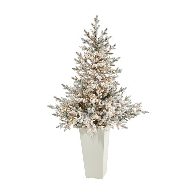 57in. Flocked Fir Artificial Christmas Tree with 300 Warm White Lights & 967 Branches in Tower Planter – Elegant X-Mas Accent