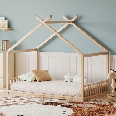Okak Montessori House Floor Bed Twin/Full Size,Solid Wood Bed Frame with Safety Rails & Headboard, Low-Profile Kids Bed,Slat Not Required