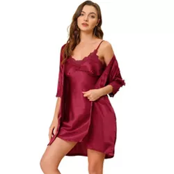 cheibear Womens Sleepwear Pjs 4pcs Satin Lingerie Silk Cami with Shorts Robe Pajama Set Red Large
