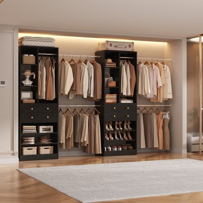 Aheaplus Walk-In Closet System with 6 Hanging Rods and Adjustable Shoes Shelves, Wooden Closet Storage with Drawers