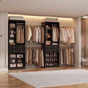 Aheaplus Walk-In Closet System with 6 Hanging Rods and Adjustable Shoes Shelves, Wooden Closet Storage with Drawers - 1 of 4