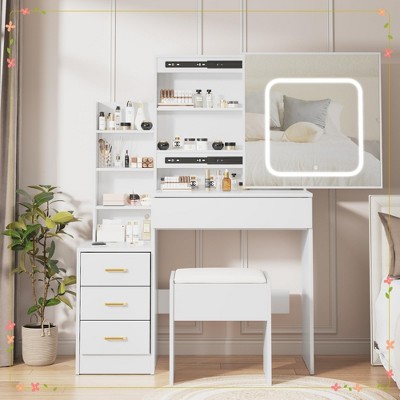 Vanity Desk with Mirror and Led Lights, Makeup Vanity Desk with Sliding Lighted Mirror