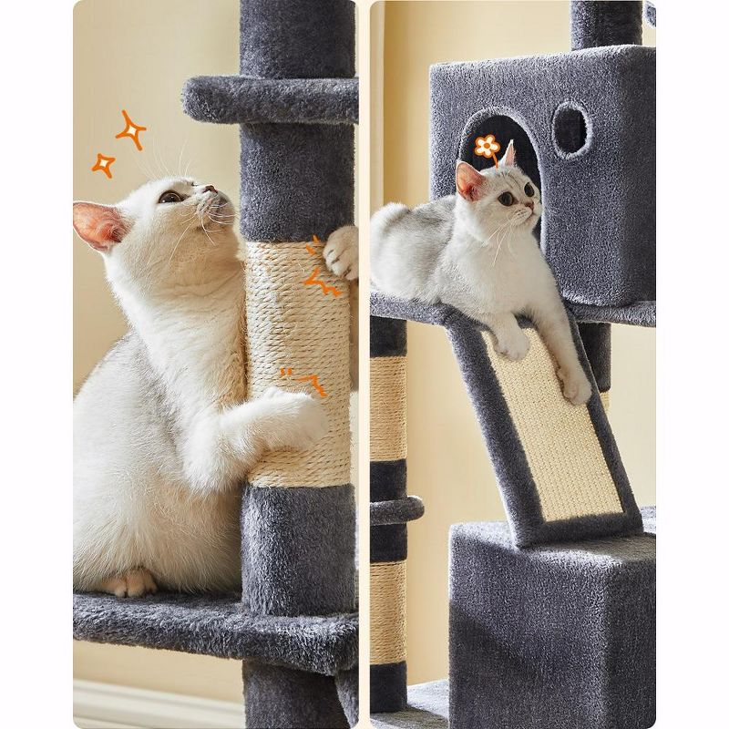 Feandrea Cat Tree, Large Cat Tower with 13 Scratching Posts, 2 Perches, 2 Caves, Basket, Hammock, Pompoms, Cat Condo, 5 of 8