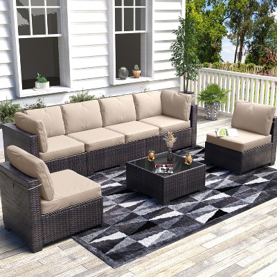 homfan 7-Piece Outdoor Patio Furniture Set - Waterproof Rattan Sectional Sofa with Cushions & Glass Top Table, Patio Conversation Set for Backyard