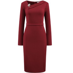 INSPIRE CHIC Women's Asymmetrical Neckline Long Sleeve Wear to Work Sheath Dress - 1 of 4