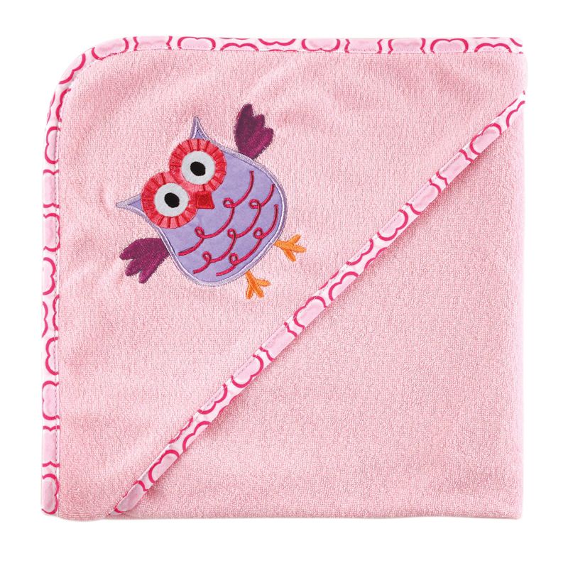 Luvable Friends Baby Girl Hooded Towel and Washcloth, Pink Owl, One Size, 1 of 3