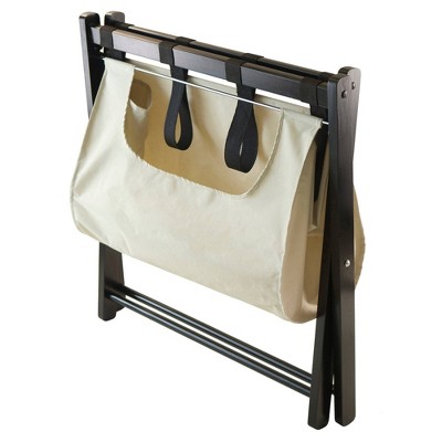Espresso Wood Luggage Rack with Beige Fabric Basket