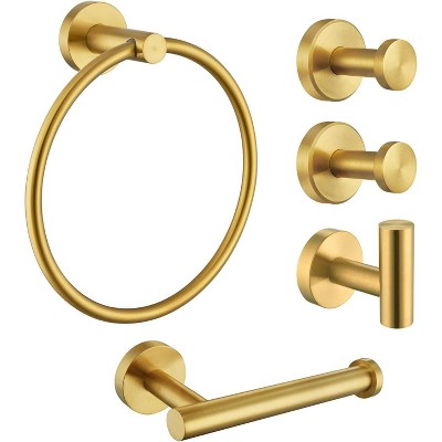 Mixxidea Round Towel Hooks 2 PCS, Toilet Paper Holder, Towel Ring Bundle with Single Robe Hook (Brushed Gold)