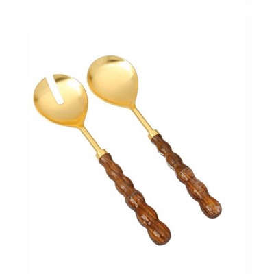 Classic Touch Set of 2 Gold Salad Servers with Wood and Acrylic Button Handles