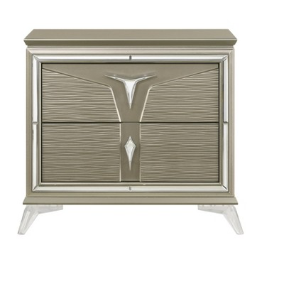 Vynxaria Modern 2-Drawer Nightstand - Silver, Wood Construction, Mirrored Accent Handles, Spacious Storage, Bedroom Furniture