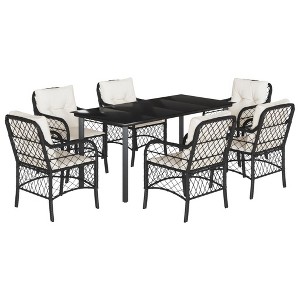 vidaXL 7 Piece Patio Dining Set - Black Poly Rattan with Cushions, Tempered Glass Table for Garden, Backyard, Patio - 1 of 4