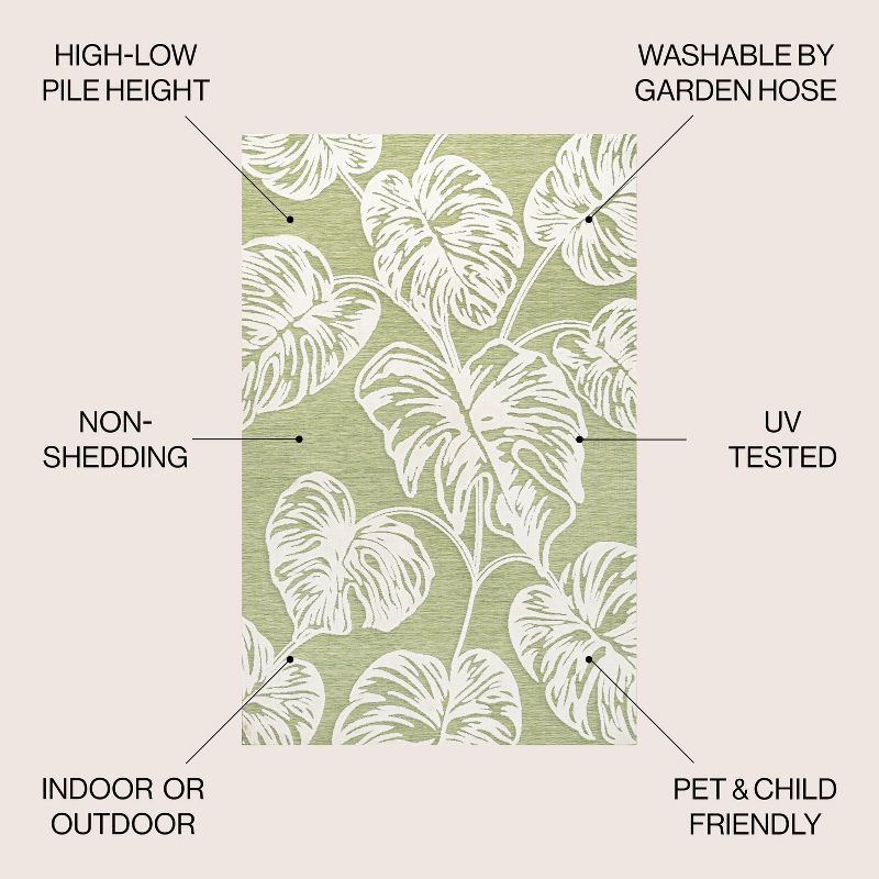 JONATHAN Y Tobago High-Low Two-Tone Monstera Leaf Floral Indoor/Outdoor Area Rug, 3 of 11