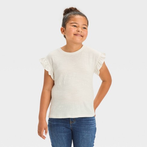 Girls Short Sleeve Pucker Knit T shirt Cat Jack Cream Xs Target