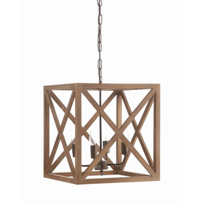 Natural Brown Wood and Metal Cage Chandelier, 4-Bulb