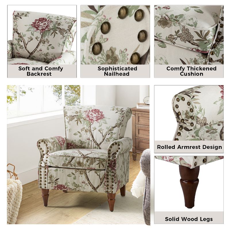 Araceli Traditional Wooden Upholstered Floral Armchair with Wingback and Nailhead Trim | ARTFUL LIVING DESIGN, 5 of 11
