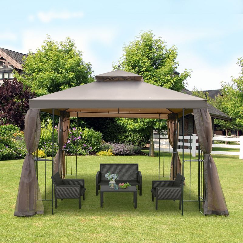 Outsunny 118" x 118" Steel Outdoor Patio Gazebo Canopy with Removable Mesh Curtains, Display Shelves, & Steel Frame, Brown, 2 of 9