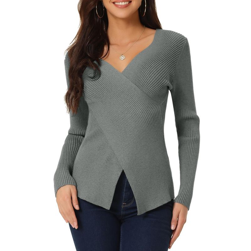 Seta T Women's V Neck Wrap Long Sleeve Criss Cross Casual Pullover Sweater, 1 of 6
