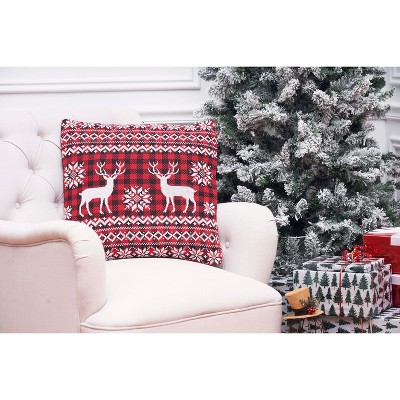Red and Black Plaid Deer Christmas Throw Pillow