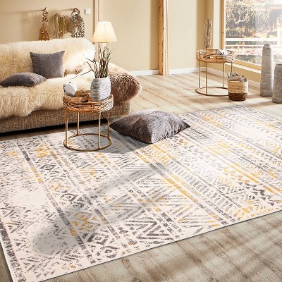 Cheerful Yellow Geometric 5' x 7' Easy-Care Synthetic Area Rug