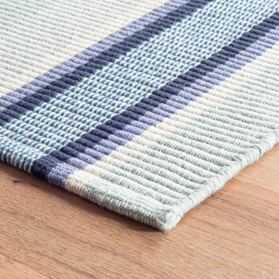 Blue and Green Stripe Handwoven Cotton Rug, 2' x 3'
