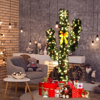 Tangkula 6'Artificial Cactus Christmas Tree Pre-Lit Optical Fiber w/ LED Lights & Ball Ornaments