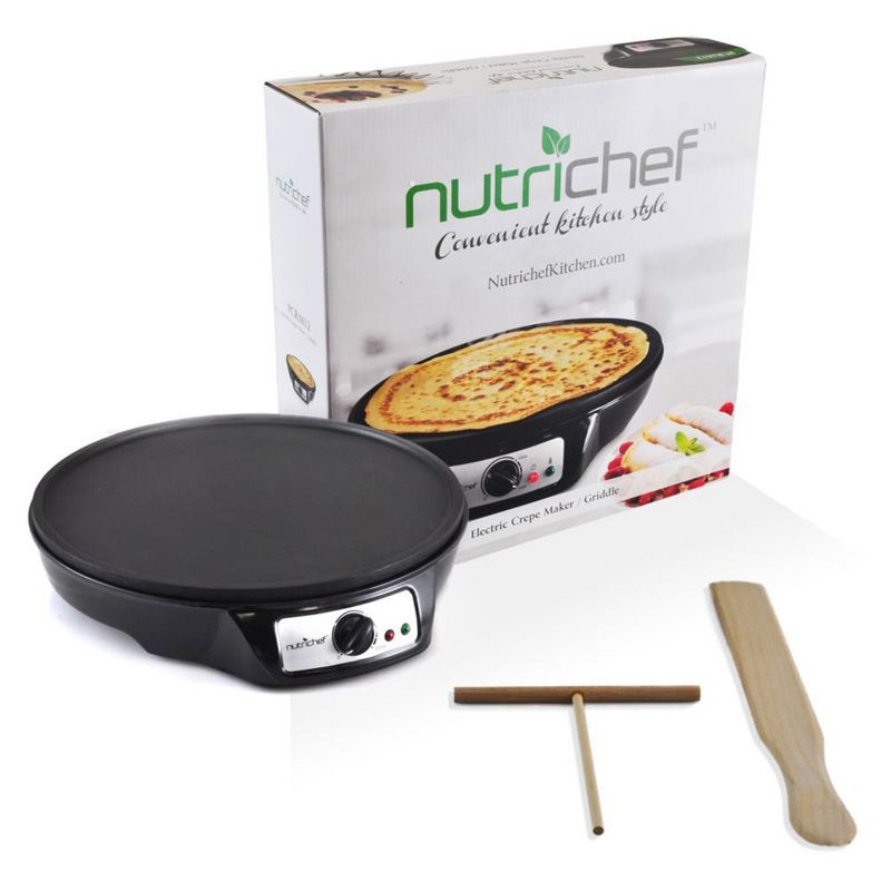 NutriChef 12 Inch Electric Nonstick Griddle Pancake Crepe Injera Blitnz Maker Hot Plate Cooktop with Crepe Turner and Pastry Spreader Tools, Black, 2 of 7