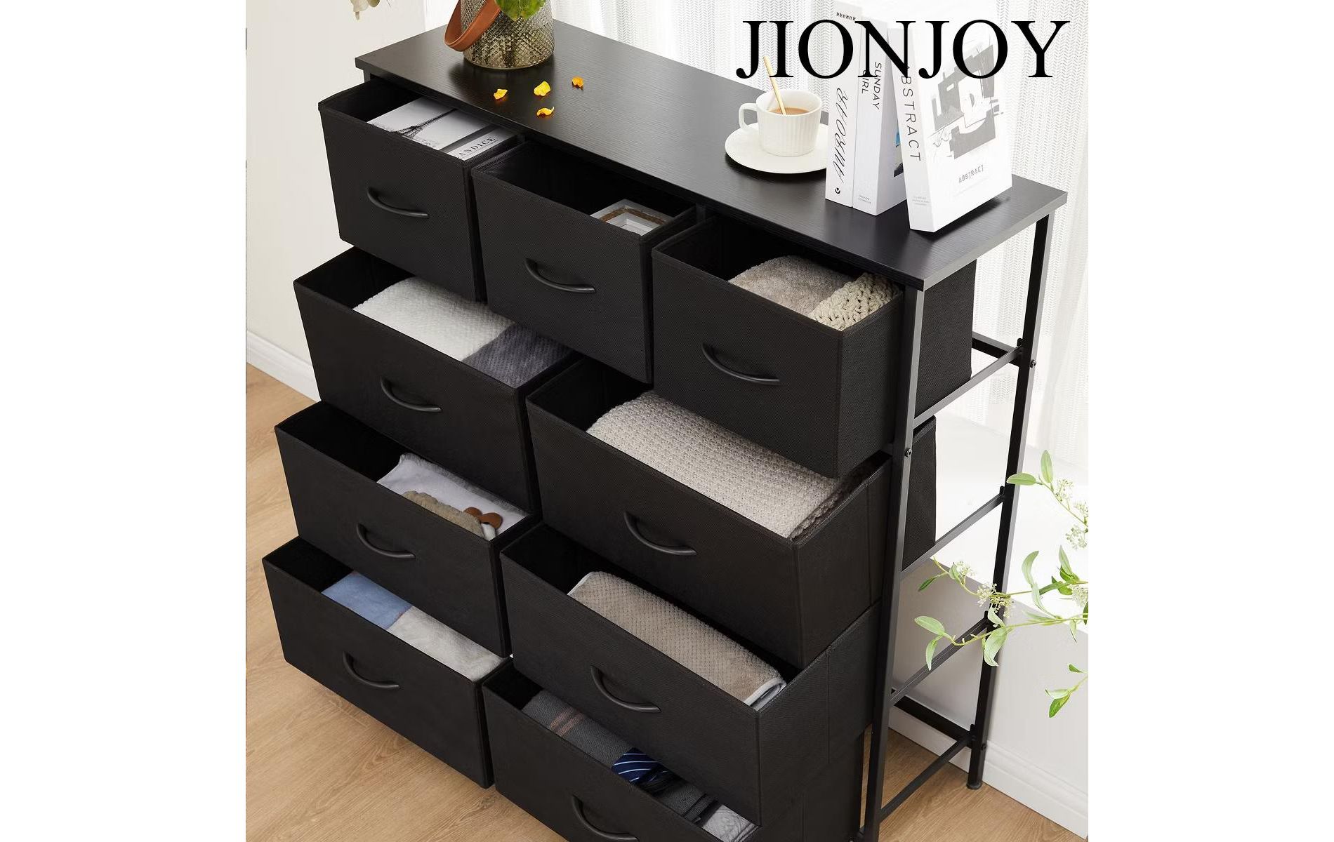 JIONJOY 9 Drawer Fabric Dresser for Bedroom, Large Storage Chest with Metal Frame & Waterproof Top, Dresser for Closet Nursery Entryway Hallway