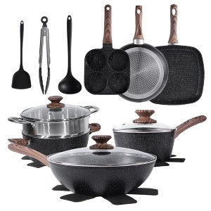 FONTOI 17 Pcs Nonstick Cookware Set Pots and Pans, Non-Toxic Kitchen Cooking Set with Stay-Cool Handles for Gastronome, Black, 6.3"*2.95"*0.39" - 1 of 4