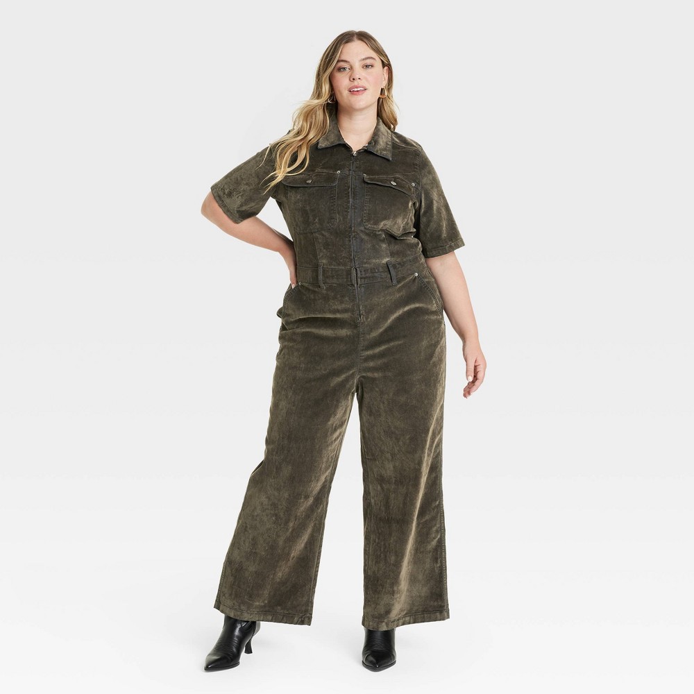 Women's Short Sleeve Flocked Denim Jumpsuit - Universal Thread™ Olive 22