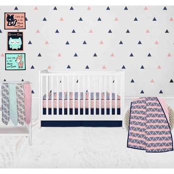 Bacati - Girls Triangles Coral Navy 10 pc Crib Bedding Set with 4 Swaddling Blankets