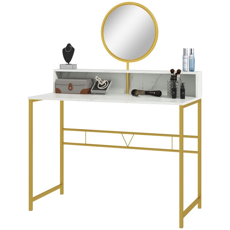 HOMCOM Modern Vanity Makeup Desk with Mirror, Dressing Table with Open Storage, Faux Marble Finish and Steel Frame for Bedroom, White and Gold, 4 of 7