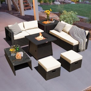 Costway 9PCS Patio Rattan Furniture Set Fire Pit Space-saving W/ Cushion cover - 1 of 4