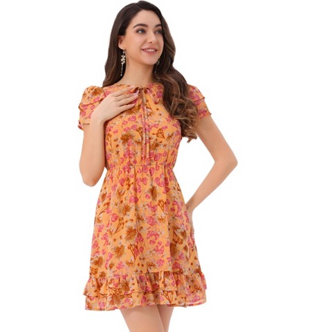 Женские платья INSPIRE CHIC Women's Ruffle Sleeve Self-Tie V Neck Mini A-Line Floral Dress Large Orange