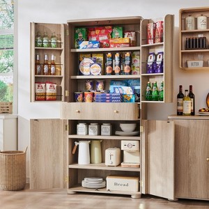 71" Tall Kitchen Pantry Storage Cabinet, Modern Kitchen Storage Cabinets with 4 Doors and 6 Adjustable Shelves,Wooden Curved Kitchen Cabinet - 1 of 4