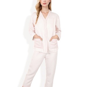 Anna-Kaci Lounge Women's Houndstooth Pajama Set with Button-Up Top and Patch Pocket - 1 of 4