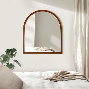 PexFix 36"x32" Solid wood straight edge right-angle arch walnut-colored wall mirror - 1 of 4