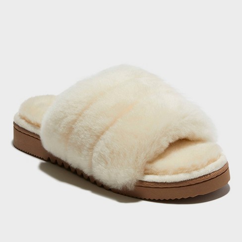 dluxe by dearfoams Women's Shearling One Band Slide Slippers - Cream - image 1 of 4