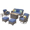 Ovios Orlando 7pc Brown Wicker Outdoor Patio Furniture Conversation Sofa Set with a Rectangle Fire Pit, Swivel Chairs and Cushions - 2 of 4